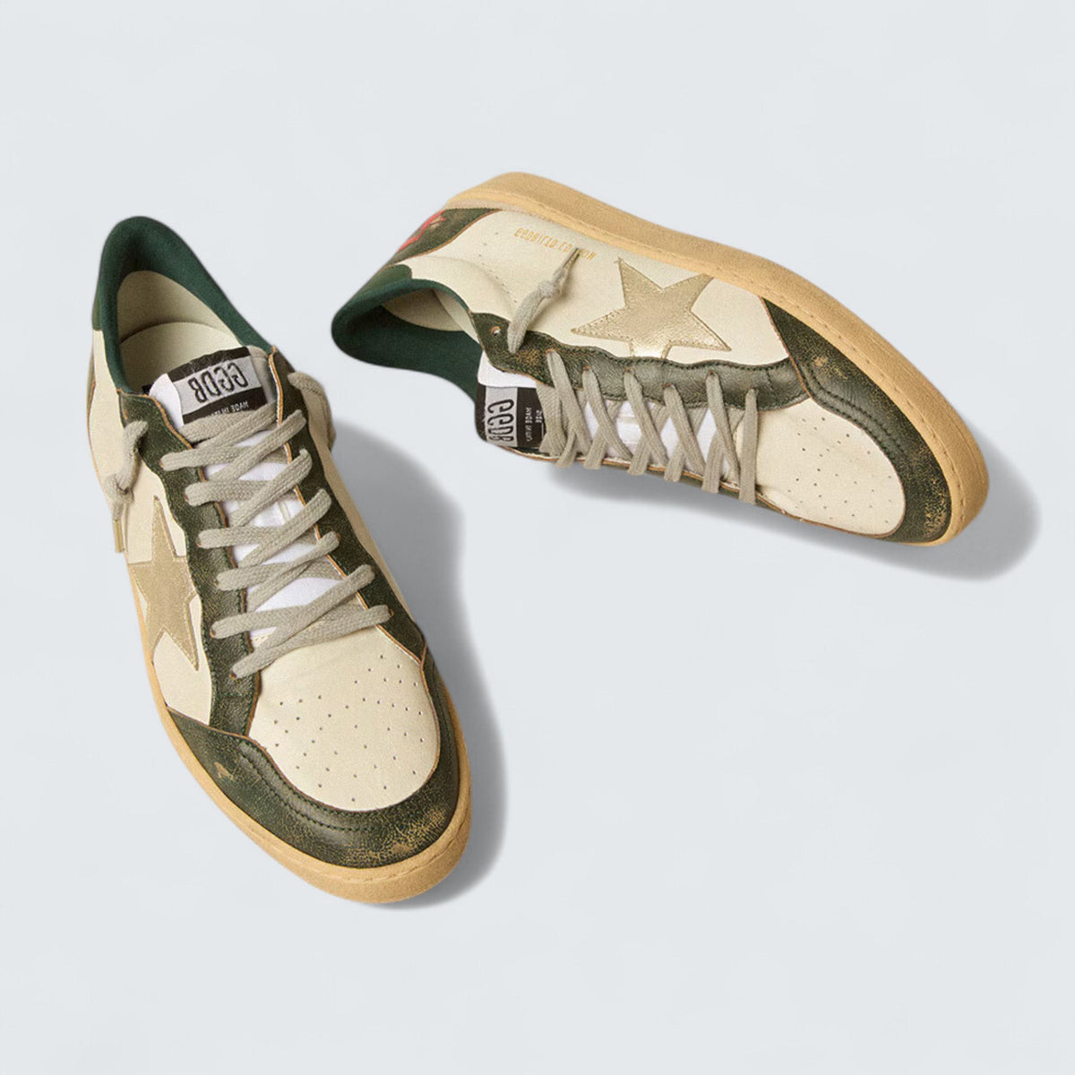 Golden Goose Ball Star LTD 'Off-White Leather with Platinum Metallic Leather Star and Dark Green Leather Heel Tab'