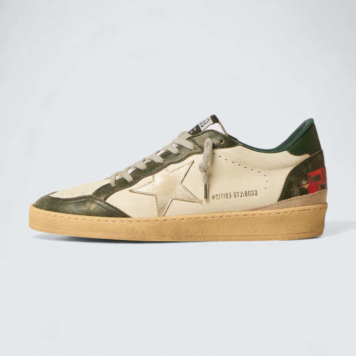 Golden Goose Ball Star LTD 'Off-White Leather with Platinum Metallic Leather Star and Dark Green Leather Heel Tab'