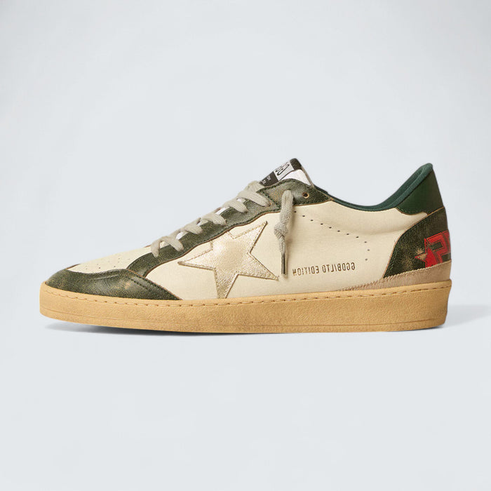 Golden Goose Ball Star LTD 'Off-White Leather with Platinum Metallic Leather Star and Dark Green Leather Heel Tab'