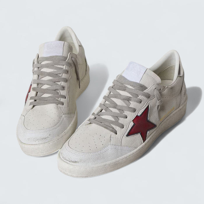 Golden Goose Ball Star LTD 'Off-White Suede with Red Leather Star and Silver Heel Tab'