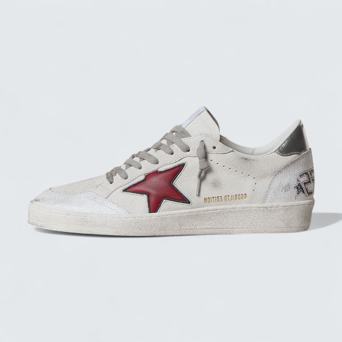 Golden Goose Ball Star LTD 'Off-White Suede with Red Leather Star and Silver Heel Tab'