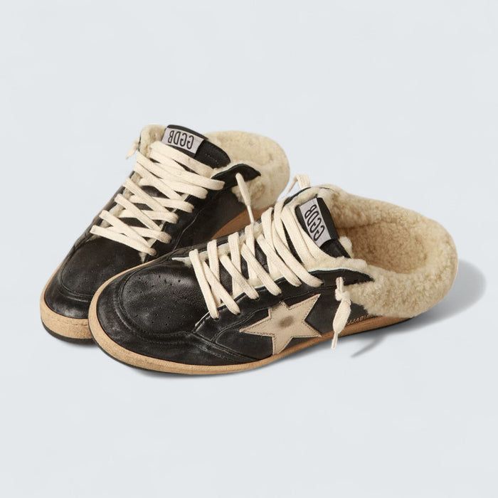 Golden Goose Ball Star Sabot 'Black Nappa with Platinum Star and Shearling Lining'
