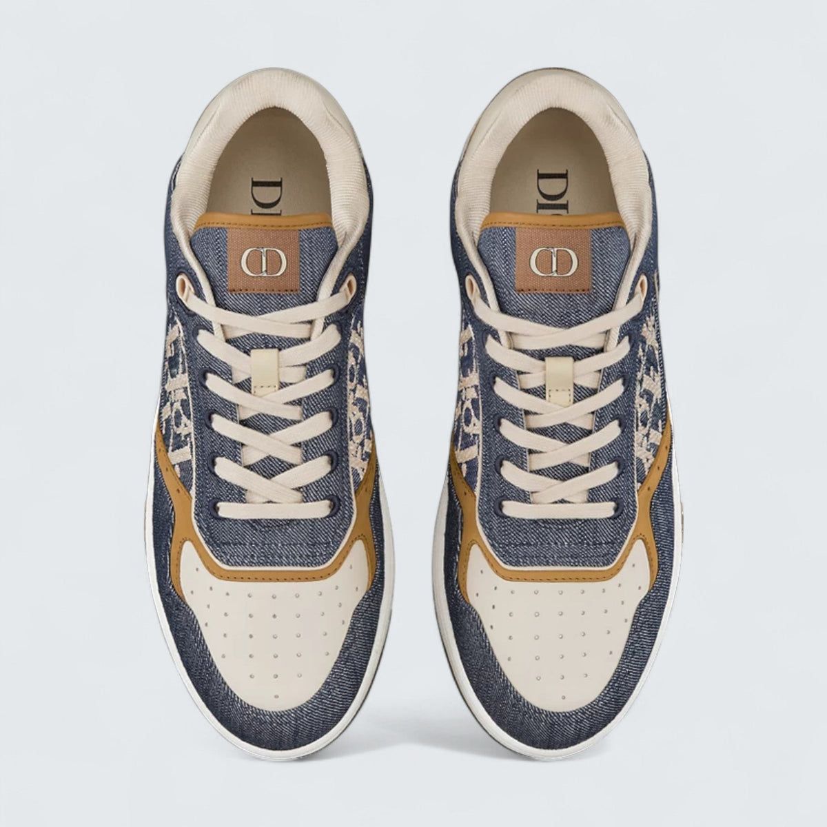 B27 Uptown Low-Top Sneaker 'Blue Denim with Beige and Cognac Smooth Calfskin and Blue and Beige Raffia-Effect Dior Oblique Denim'