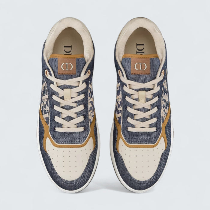 B27 Uptown Low-Top Sneaker 'Blue Denim with Beige and Cognac Smooth Calfskin and Blue and Beige Raffia-Effect Dior Oblique Denim'
