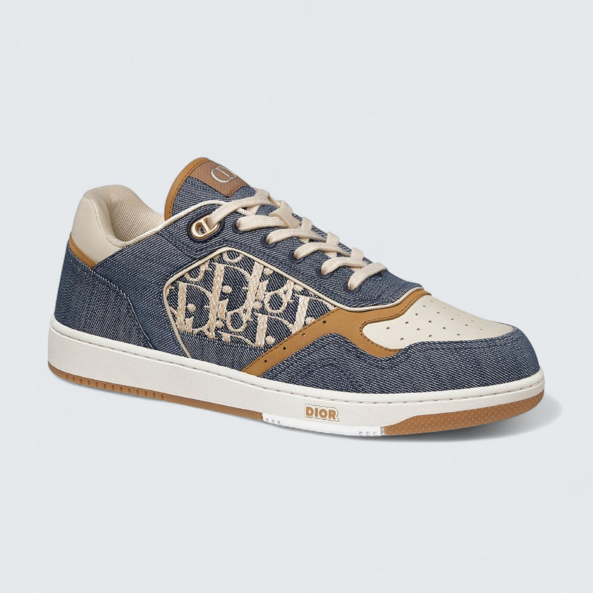 B27 Uptown Low-Top Sneaker 'Blue Denim with Beige and Cognac Smooth Calfskin and Blue and Beige Raffia-Effect Dior Oblique Denim'