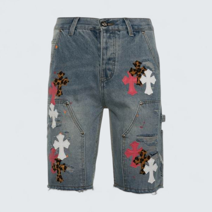 Chrome Hearts Leopard Multi Cross Patch Denim Shorts