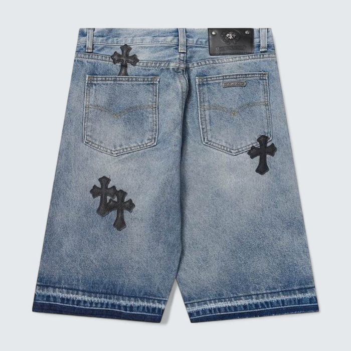 Chrome Hearts Washed Hem Cross Patch Denim Shorts