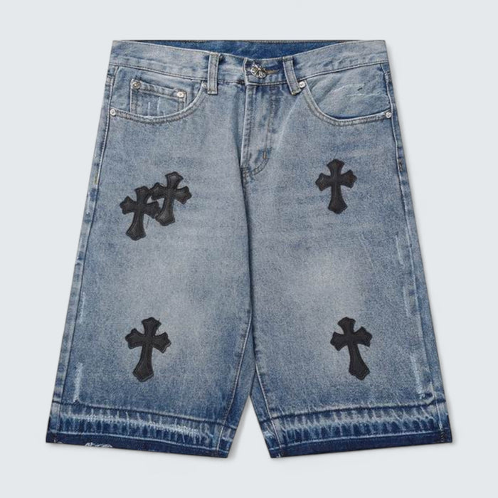 Chrome Hearts Washed Hem Cross Patch Denim Shorts