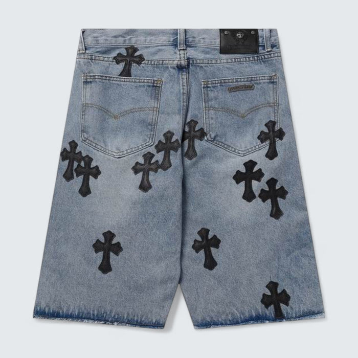 Chrome Hearts Light Wash Cross Patch Denim Shorts