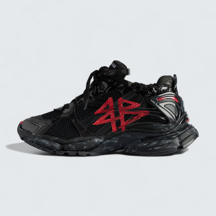 Balenciaga Runner Graffiti Sneaker in Black and Red Mesh and Nylon