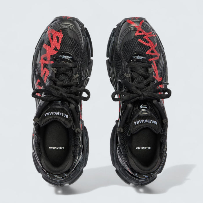 Balenciaga Runner Graffiti Sneaker in Black and Red Mesh and Nylon