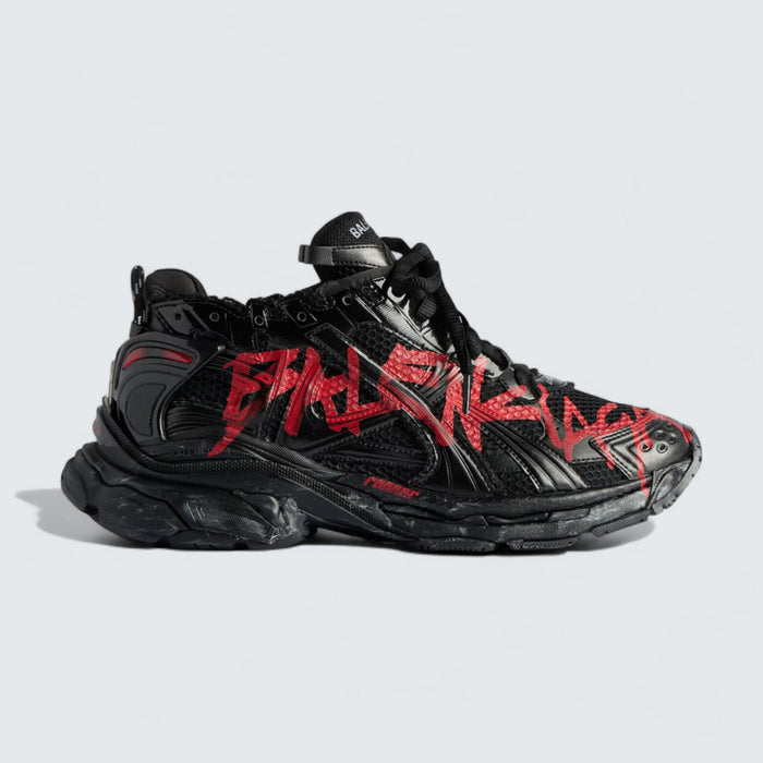 Balenciaga Runner Graffiti Sneaker in Black and Red Mesh and Nylon