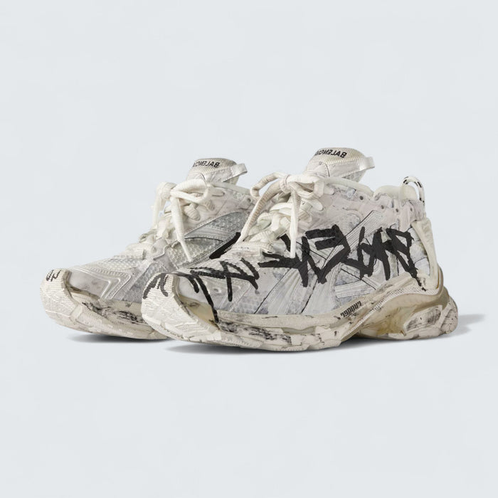 Balenciaga Runner Graffiti Sneaker in White and Black Mesh and Nylon