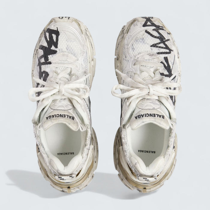 Balenciaga Runner Graffiti Sneaker in White and Black Mesh and Nylon