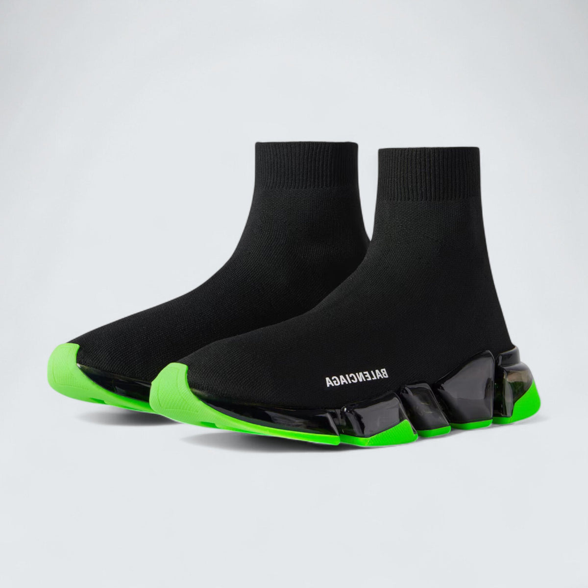 Balenciaga Speed 2.0 Full Clear Sole Sneaker in Black and Neon Green Recycled Knit