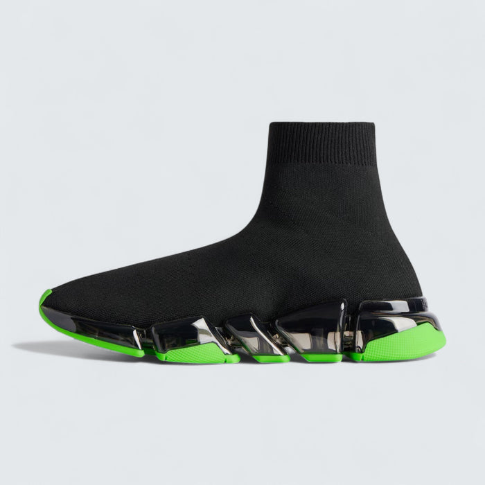 Balenciaga Speed 2.0 Full Clear Sole Sneaker in Black and Neon Green Recycled Knit