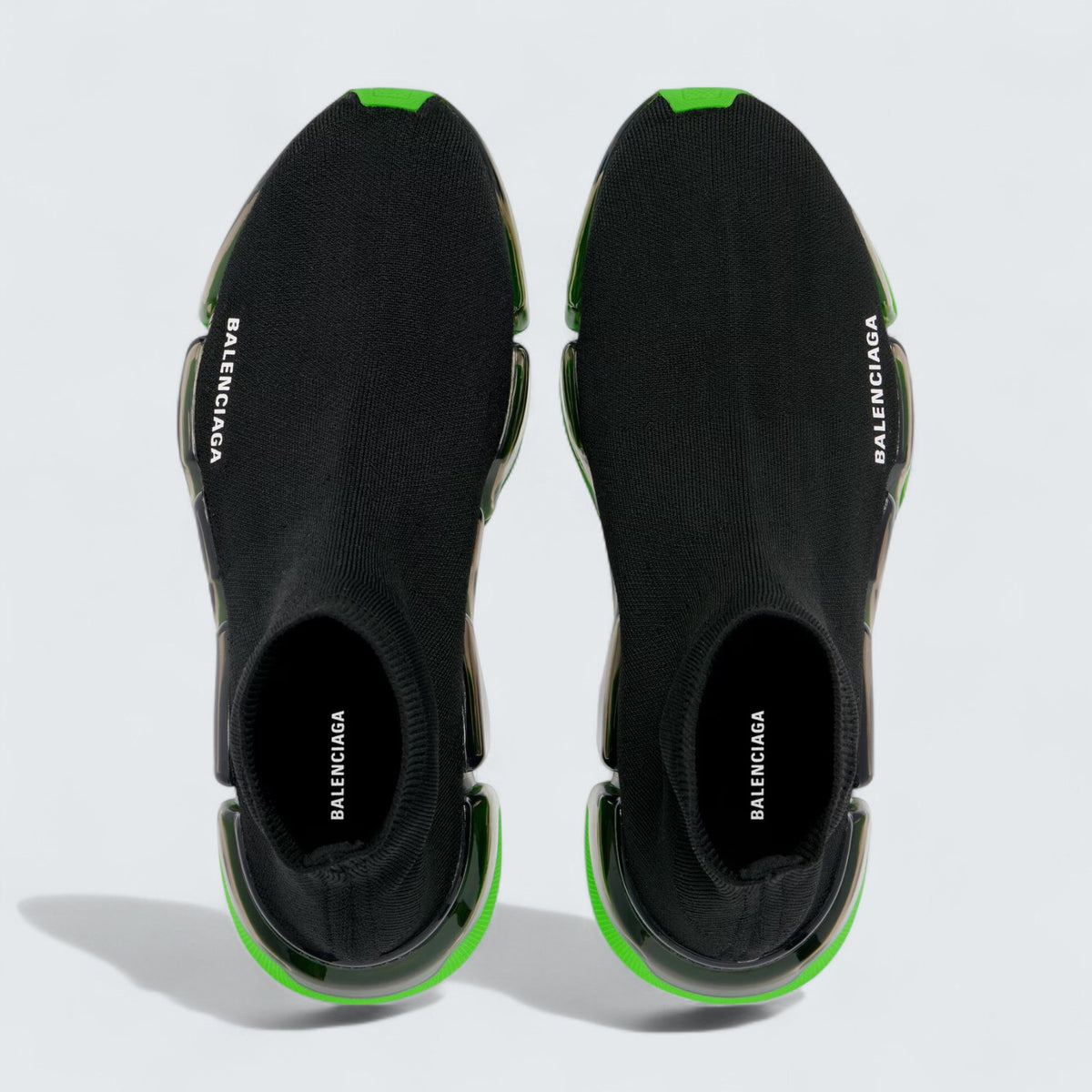 Balenciaga Speed 2.0 Full Clear Sole Sneaker in Black and Neon Green Recycled Knit