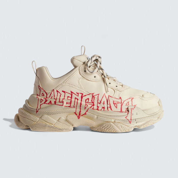 Balenciaga Triple S Sneaker in White, Red and Black DIY Metal Artwork Printed Cowskin
