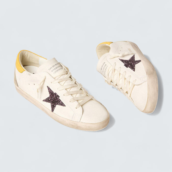 Golden Goose Super-Star 'Bio-based White Leather with Red Glitter Star and Yellow Leather Heel Tab'