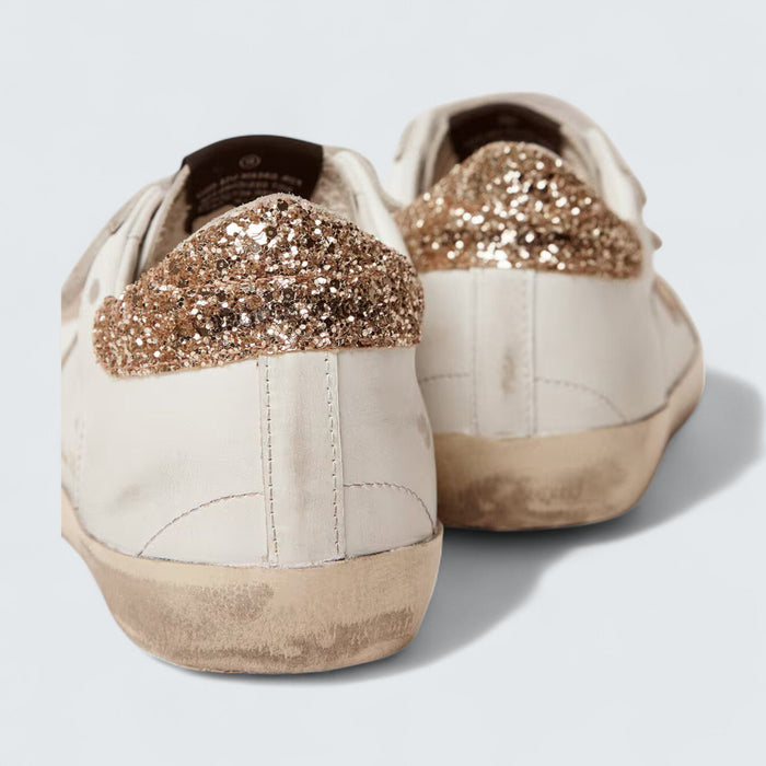 Golden Goose Women's Old School 'White Leather with Gold Laminated Leather Star and Gold Glitter Heel Tab'
