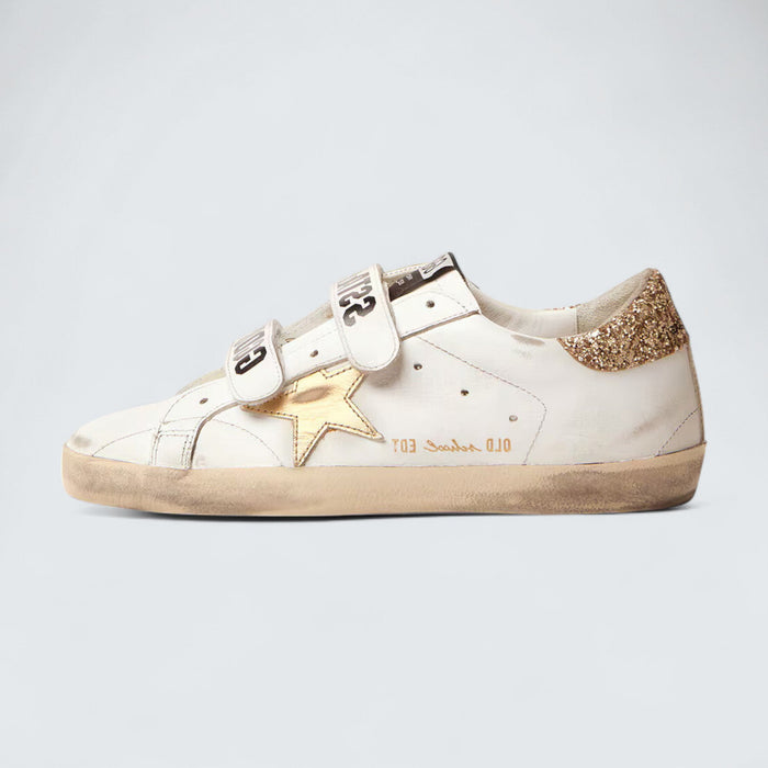 Golden Goose Women's Old School 'White Leather with Gold Laminated Leather Star and Gold Glitter Heel Tab'