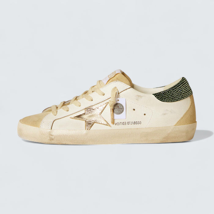 Golden Goose Super-Star LTD 'Cream Leather with Metallic Gold Star and Swarovski Crystal Heel Tab'