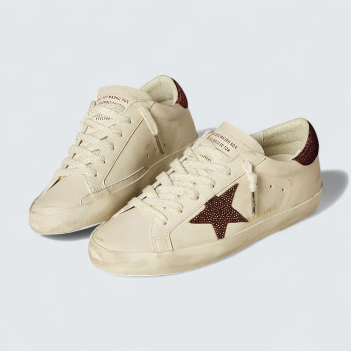 Golden Goose Super-Star LTD 'White Leather with Burgundy Suede Star and Heel Tab with Pink Swarovski Crystals'