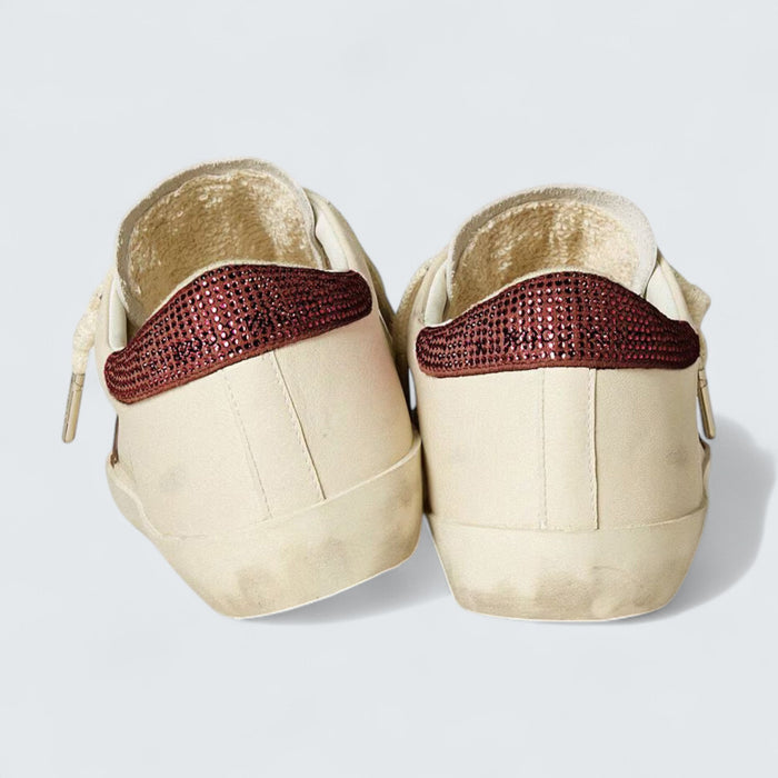 Golden Goose Super-Star LTD 'White Leather with Burgundy Suede Star and Heel Tab with Pink Swarovski Crystals'