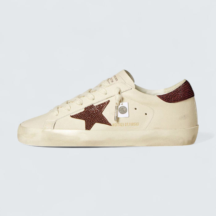 Golden Goose Super-Star LTD 'White Leather with Burgundy Suede Star and Heel Tab with Pink Swarovski Crystals'
