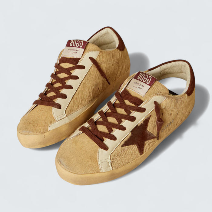 Golden Goose Super-Star 'Beige Pony Skin with Brown Suede Star and Heel Tab'
