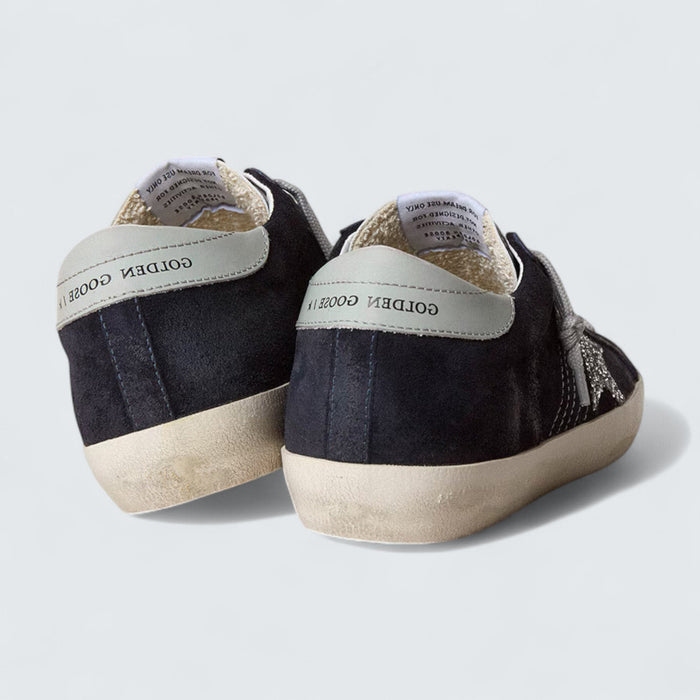 Golden Goose Super-Star 'Midnight Blue Suede with Silver Glitter Star and Ice-Gray Leather Heel Tab'