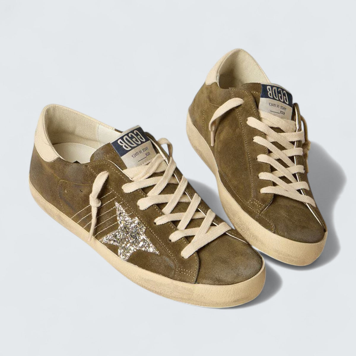 Golden Goose Super-Star 'Military Green Suede with Silver Glitter Star and Cream Leather Heel Tab'