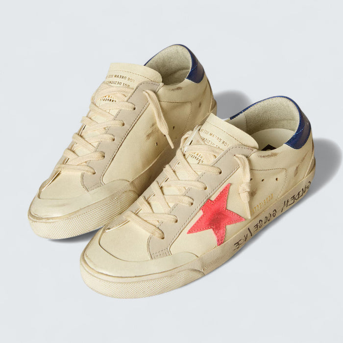Golden Goose Super-Star 'White Nappa Leather with Red Suede Star and Blue Metallic Leather Heel Tab'