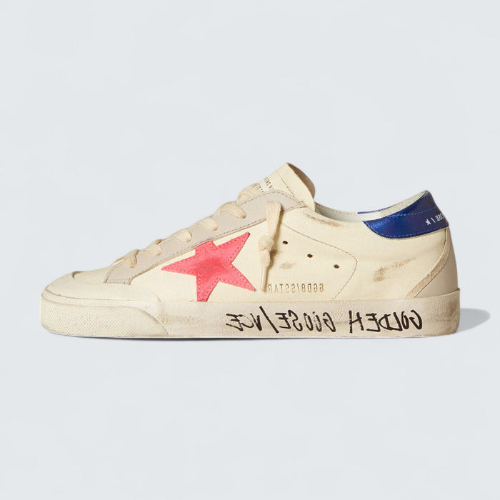 Golden Goose Super-Star 'White Nappa Leather with Red Suede Star and Blue Metallic Leather Heel Tab'