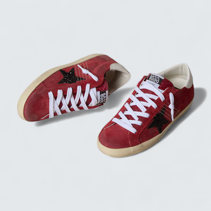 Golden Goose Super-Star 'Red Suede with Silver Glitter Star and White Leather Heel Tab'