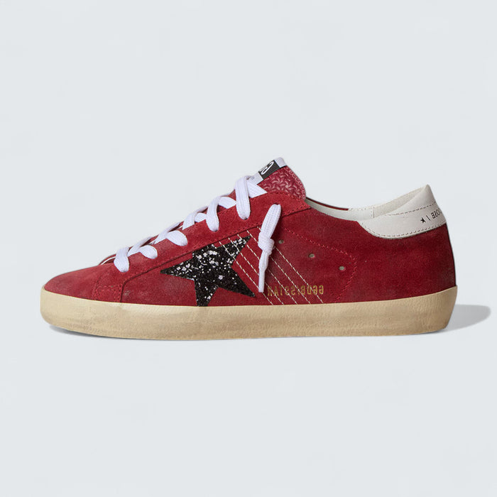 Golden Goose Super-Star 'Red Suede with Silver Glitter Star and White Leather Heel Tab'