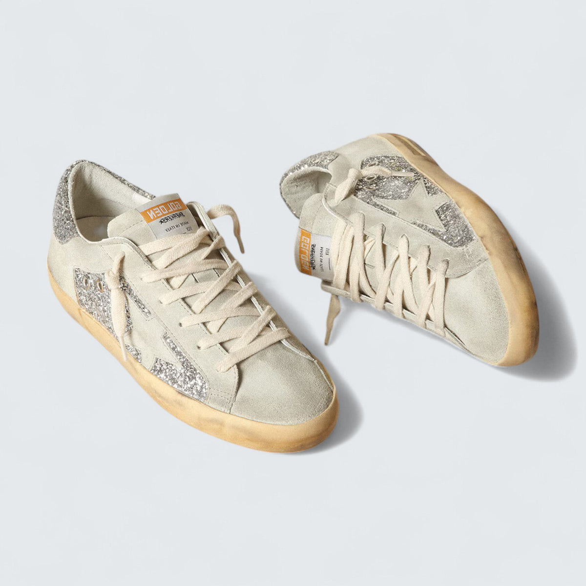 Golden Goose Super-Star 'Ice-Gray Suede with Silver Glitter Panels and Silver Glitter Heel Tab'