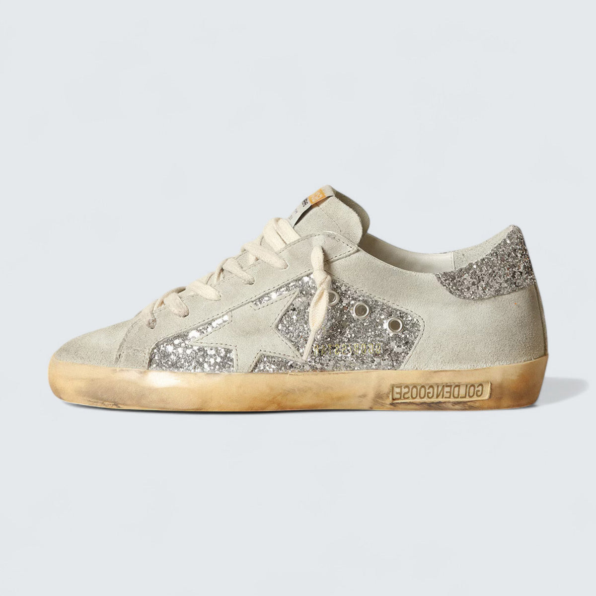 Golden Goose Super-Star 'Ice-Gray Suede with Silver Glitter Panels and Silver Glitter Heel Tab'