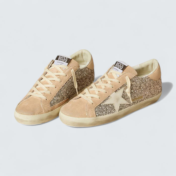 Golden Goose Super-Star 'Silver Glitter with Milk-White Leather Star and Pink Leather Heel Tab'