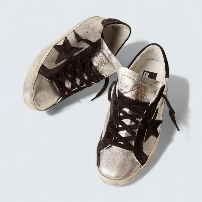 Golden Goose Super-Star 'Silver Leather with Black Leather Star and Heel Tab'