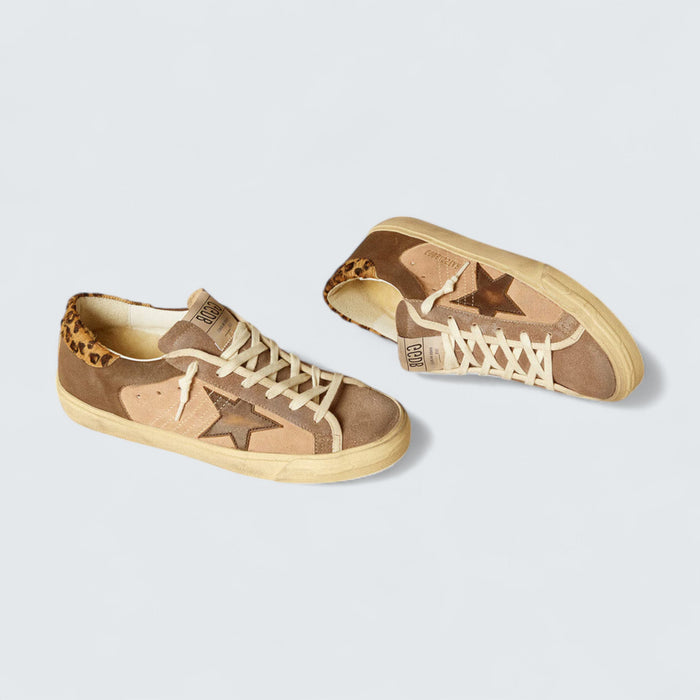 Golden Goose Super-Star 'Light Pink and Brown Suede with Brown Leather Star and Leopard-Print Pony Skin Heel Tab'