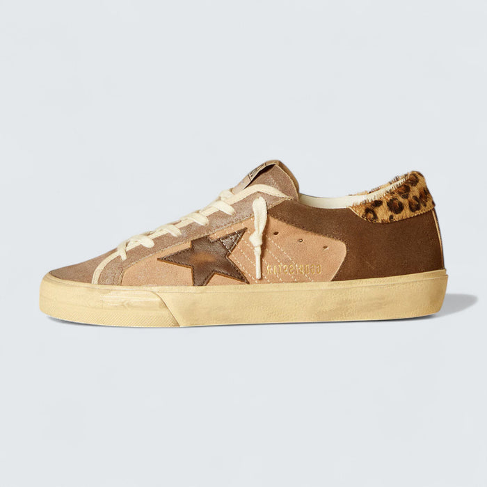 Golden Goose Super-Star 'Light Pink and Brown Suede with Brown Leather Star and Leopard-Print Pony Skin Heel Tab'