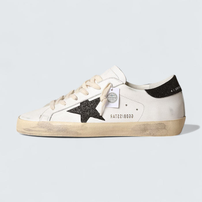 Golden Goose Super-Star 'White Leather with Black Swarovski Crystal Star and Heel Tab'