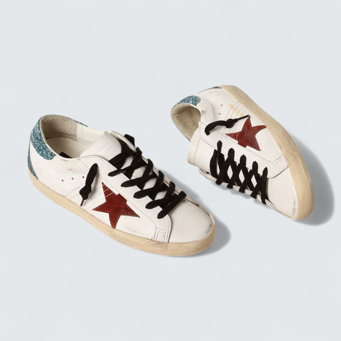 Golden Goose Super-Star 'White Leather with Burgundy Suede Star and Light Blue Glitter Heel Tab'