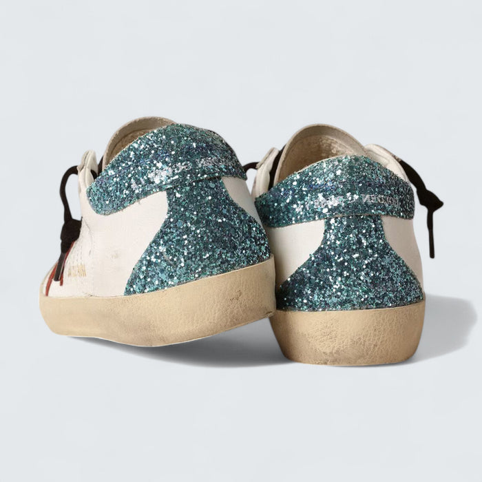 Golden Goose Super-Star 'White Leather with Burgundy Suede Star and Light Blue Glitter Heel Tab'