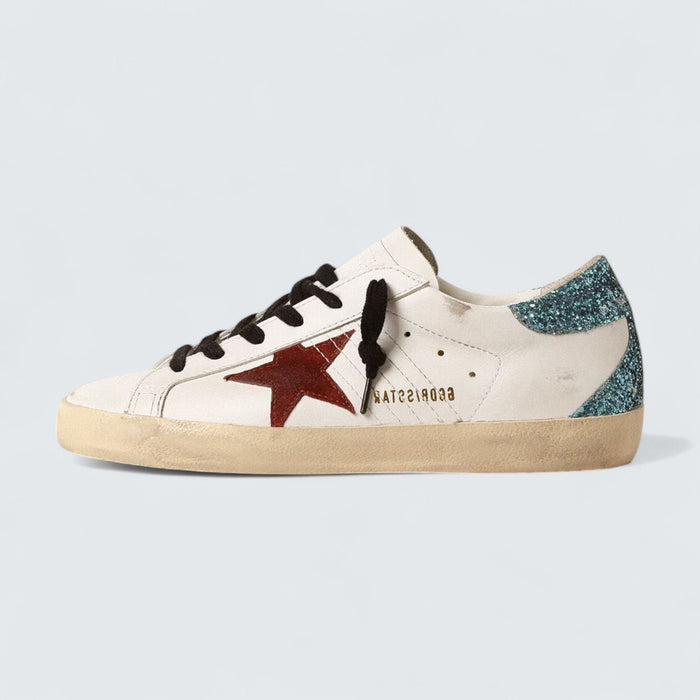 Golden Goose Super-Star 'White Leather with Burgundy Suede Star and Light Blue Glitter Heel Tab'