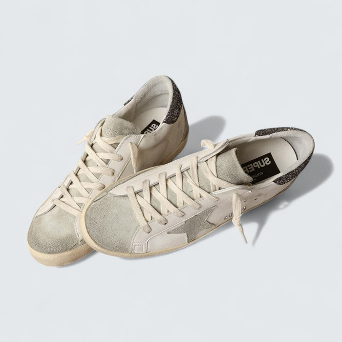 Golden Goose Super-Star 'White Leather with Gray Suede Star and Dark Gray Glitter Heel Tab'