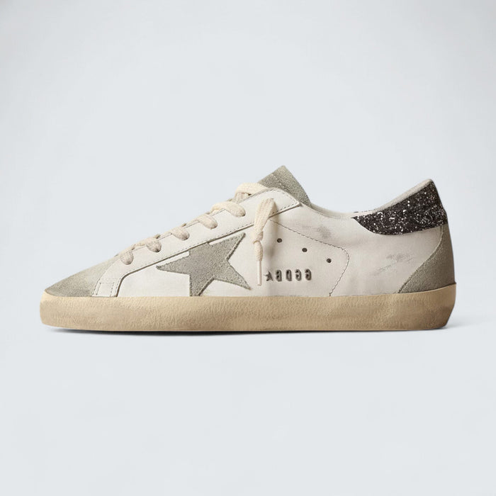 Golden Goose Super-Star 'White Leather with Gray Suede Star and Dark Gray Glitter Heel Tab'