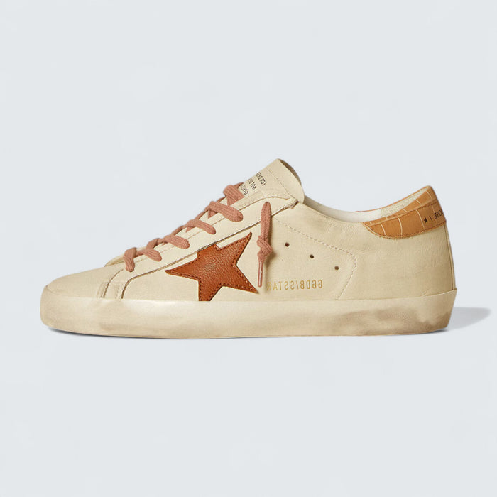Golden Goose Super-Star 'White Leather with Tobacco Crocodile-Print Leather Heel Tab'