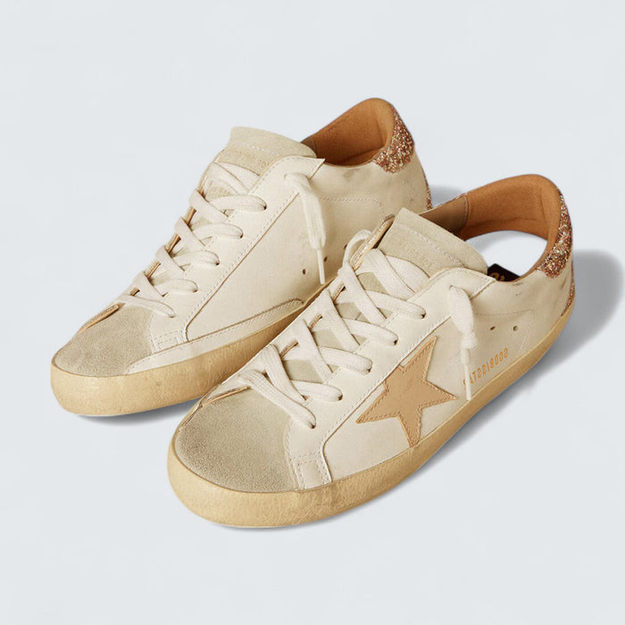 Golden Goose Super-Star 'Nude Leather Star and Gold Glitter Heel Tab'